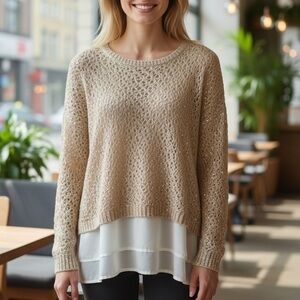 Roz & Ali beige sequins crochet pullover sweater